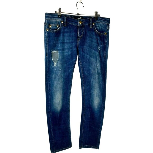 Love Moschino Skinny Jeans Women 30 Blue Adjustable Waist‎ Distressed Stretch - Picture 1 of 12